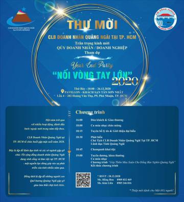 CLB DN Quảng Ngãi tại TPHCM Thân mời các Quý Doanh Nhân đến tham dự buổi tiệc họp mặt giao lưu cuối năm 2020